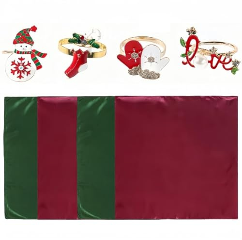 FUBESK Juego de 8 servilletas de Navidad con soportes para anillos para decoración de mesa de fiesta de Navidad, boda, 48 x 48 cm, rojo + verde, servilletas de poliéster lavables y anillos de metal