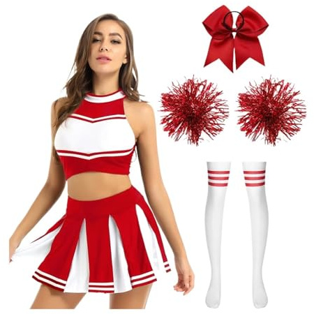 CNYUON Cheer Leader kostymer skolflicka dansdräkt kvinnor Cheerleading, uniform, magtröja, veckad kjol, pompom-strumpor, prestationsdräkt för Cheerleading, klänning