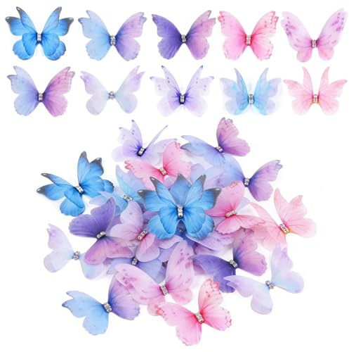 70 Stück Butterfly 3D Sticker mit Strasss, Doppellagiger Organza Stoff