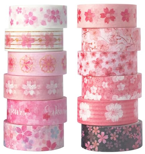 Songdao 12 rullar Washi tejpset med körsbärsblommönster, skrivbart dekorativt pysseltejp, maskeringstejp för bullet journal, scrapbooking, presentförpackning och gör-det-själv-hantverk