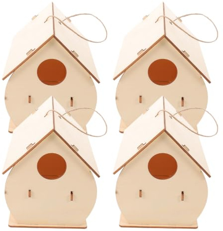 NUOBESTY 4 Pièces Nichoir en Bois Non Finition pour Garçon et Filles, Kit DIY Éducatif avec Assemblage Facile, Maison D'oiseaux Suspendue pour Projets de Bricolage en Jardin