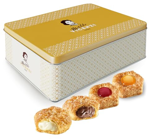 Matilde Vicenzi - Millefoglie di Matilde, Selezione di Raffinata Pasticceria di Sfoglia, Bocconcini e Ciambelline miste in una Elegante Scatola di Latta per un Regalo Goloso, Confezione da 375 gr