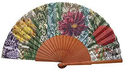 Abanico Español Flores - Madera y Algodón - 23 cm - Estuche y Funda de Yute - Accesorio de Moda - Hecho a Mano en España - Eventos y Regalos - Colección Patchwork - Tusitala Barcelona