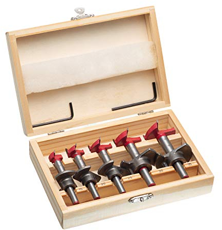 HPMAISON HSS Forstner Drill Bit, 5PCS 15-35mm Adjustable Positioning Drill Bit Set, Cemented Carbide Woodworking Hole Saw with Depth Stoper (Depth Range 10-40mm) Making Wood Hole Quickly & Precisely