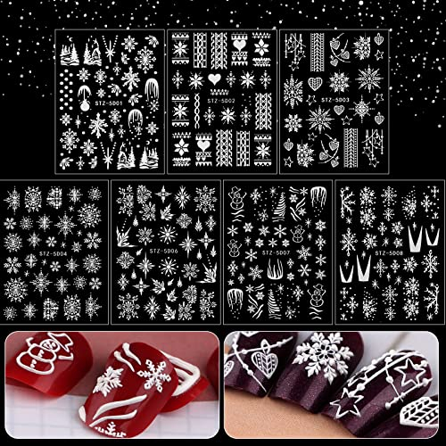 Kalolary Weihnachten Nagelsticker Selbstklebend, Weihnachten 5D Schneeflocken Aufkleber Harz Nagel Aufkleber French Nail Art Sticker Decals für Frauen Mädchen Abziehbild DIY Dekoration (7 Blatt)