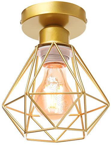 TOKIUS Lámpara de Techo Retro, 16CM Lámpara Colgante Techo Vintage Jaula Dorado Luz Colgante Interior Iluminación de Techo para Cocina Comedor Dormitorio Pasillo (# Plafon)