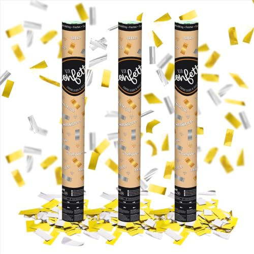 OH YEAH - 3 Unidades - Cañón Confeti Foil Oro y Plata - 60 cm - Fiestas y Celebraciones - Ideal para Bodas, Cumpleaños, Eventos y Despedidas - Gran Potencia de Alcance - FÁCIL DE USAR