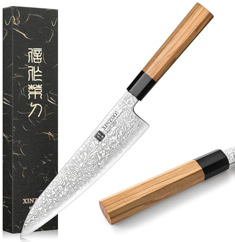 XINZUO 21,5cm Acciaio Damasco Coltello da Cuoco, Stile Giapponese Coltello da Cucina per Chef Professionale, Forgiato a Mano Coltello Damasco per Tagliare Carne e Verdure -Manico in Legno d'Ulivo