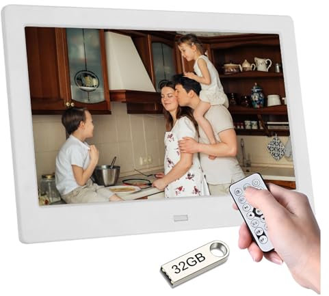 Haipky 7 HD IPS Digital Photo Frame - 1080P Video, Auto On/Off, Image Preview, MP3, Calendar, Clock, Remote Control, 32GB USB Drive, White