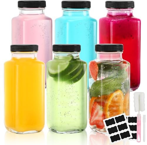 Botes Cristal para Zumo de 500 ml, Botellas Cuadradas de Leche, 6pcs Botella de Vidrio Reutilizable, Leche con Tapa y Etiquetas, Ideal para Bebidas, Miel, Batidos, Licores, Ginger Ales y Jugos