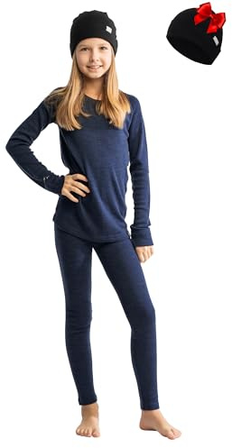Merino.tech Set Intimo Termico Unisex per Bambini in Lana Merino - Peso Medio (Maglia, Pantaloni, Berretto) - 3-5 anni - Navy - M