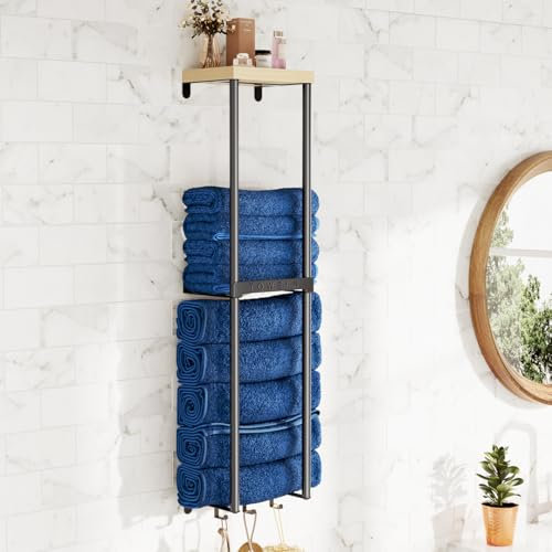 WELDUN Handtuchhalter Handtuchregal mit Holzregal, Wandmontage 2 Ebenen Gästehandtuchhalter Badetuchhalter 83cm für Badezimmer mit 3 Haken