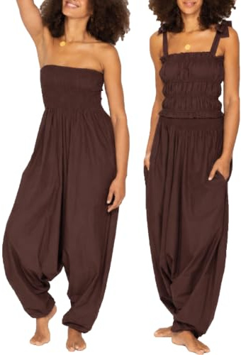 likemary Haremsbyxor dam overall – 2-i-1 axelbandslös sparkdräkt konverterar till bekväma boho-ballongbyxor med fickor – en storlek, Chokladbrunt, one size