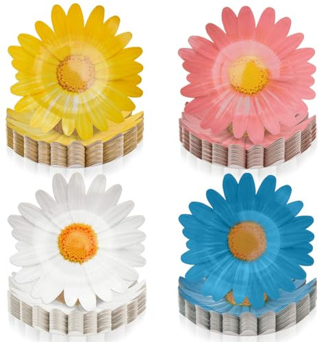 Yicentdp 100 Pack Daisy Floral Paper Plates Flower Disposable Dinner Plates 9.5 Inch Spring Summer Tableware for Boho Groovy Birthday Wedding Baby Shower Party Supplies (White, Yellow, Blue, Pink)