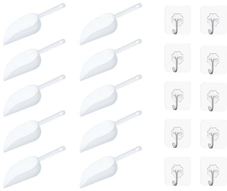 10Pcs Scoops for Food with 10Pcs Self Adhesive Hooks, Ice Scoop for Bar, Food Scoop, Sweet Scoops, Plastic Scoops for Food, Scoops for Rice Ice Cream Flour Sugar Coffee Beans Melon Seeds Food Shovel