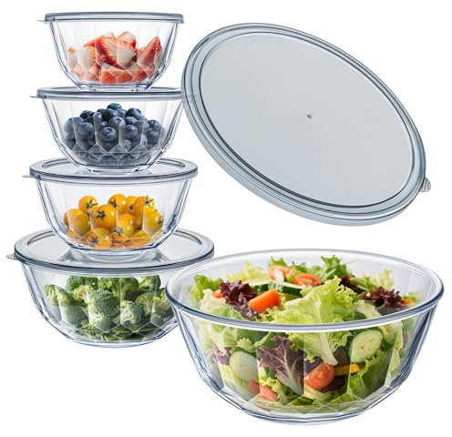 WhiteRhino Juego de Cuencos de Vidrio con Tapas – Set de 5 (0,8L, 1,05L, 1,6L, 2,7L, 4,45L), Ensaladera Grande con Patrón de Diamante, Cuencos Apilables para Cocina – Servir, Hornear, Preparar