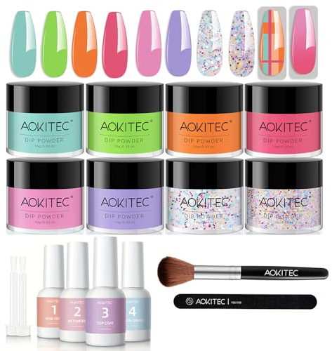 Aokitec - Kit de iniciación de polvo de inmersión para uñas de 8 colores brillantes, polvo de acrílico brillante en rosa y naranja con base, capa superior y activador para brochas, para principiantes