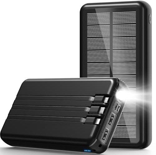 Power Bank Solare 52800mAh, PD 30W USB C 3.0A Powerbank Ricarica Rapida con 3 Cavi, 3 Port (2 USB & 1 Type-c), 15W Ricarica Wireless, Spie luminose a LED, Torcia, Caricatore Portatile con Smartphones