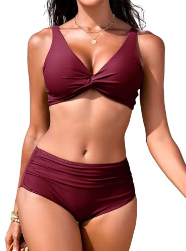 FemiChic Dam push-up bikiniset sexig V-ringad twist topp magkontroll baddräkt med justerbara remmar hög midja byxor badmode för strand och pool, Lila röd, S