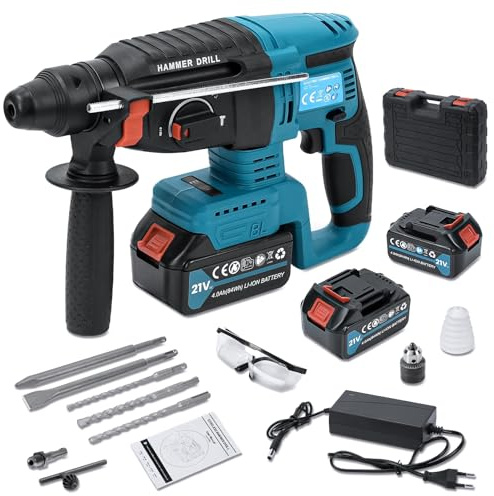 Martello Perforatore a Batteria 21V 4000mAh*2, Adattatore SDS-plus con Mandrino, 3 Punte, 2 Scalpelli,900W Martello Tassellatore a Batteria 2.8 J Motore Senza Spazzole