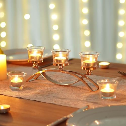 Gold Iron Arch Candle Holder Centerpiece with 3 Glass Votive Cups, 10.6 Inch Table Decoration for Weddings, Dining Room, Kitchen,Arch Table Centerpiece Decorations Long Candle Holder