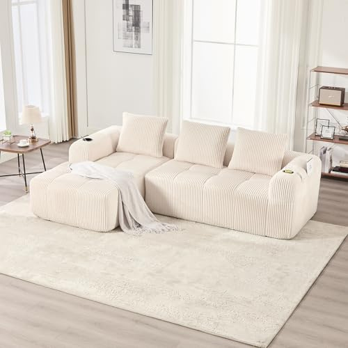 FammyLoft Helt komprimerad hörnsoffa, L-form med sidofickor, moduroy, utan montering, manchester, 253 cm, beige