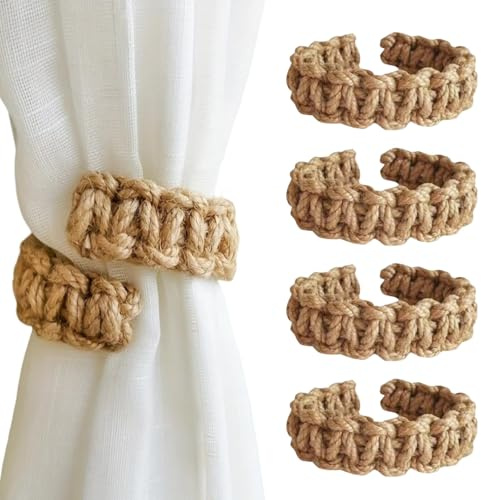 4 Pcs Boho Curtain Tie Backs,Natural Braided Rope Curtain Tiebacks (Khaki) | Rustic Style Handmade Cotton Linen Decorative Tie Backs Nordic for Thin & Thick Home Window Drapes