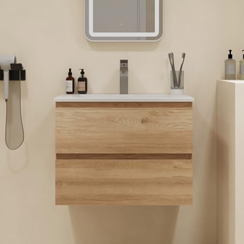 LDarqeer 600mm Bathroom Vanity Units with Basin, Wall Mounted Bathroom Sink Cabinet with 2 Soft-Close Drawers, Moisture-Resistant Floating Ceramic Basin Bathroom Vanity, Wood Grain Design
