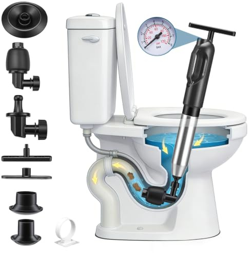 Déboucheur WC, Deboucheur Canalisation Haute Pression avec Baromètre Visuel, 4 Embouts Lnterchangeables pour Ventouse Deboucheur, Idéal pour Toilette, Évier, Baignoire（Noir）