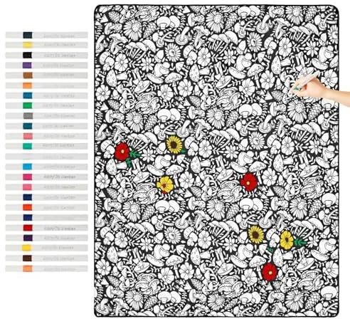 Generico Coperta da colorare fai da te, colorare la tua coperta, 150x115 cm copridivano lavabile fai da te con 24 pennarelli, arredamento personalizzato per camera da lettos morbida e soggiorno