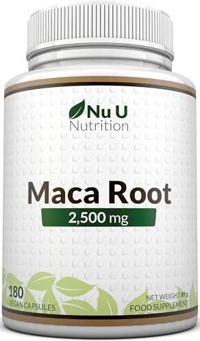 Nu U Nutrition - Maca Root Capsules 2500mg - 250mg of Maca Root per Capsule - 180 Vegan Capsules - 6 Month Supply - Maca Root Extract Supplement for Men & Women - Made in The UK
