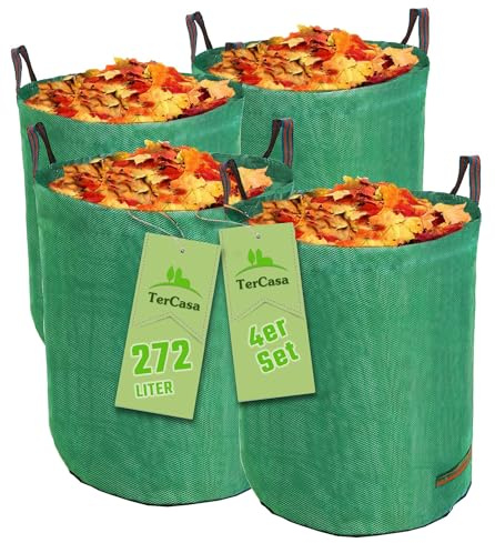 TerCasa Gartensack 4er Pack, Abfallsack 272 L, Gartenabfallsack Höhe 76 cm, Ø 67 cm, Sack für Gartenabfälle aus reißfestem Polypropylen-Gewebe, mit Verstärkungsring und 4 Griffen, grün
