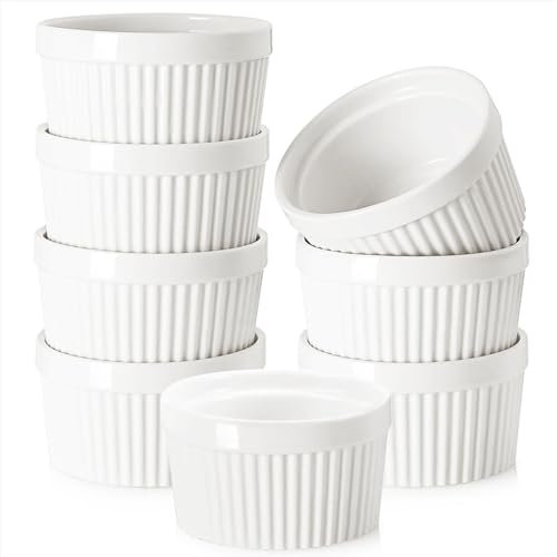 WERTIOO Auflaufförmchen, 237 ml, 8-teiliges Backformen-Set zum Backen und Kochen, ofenfest, elegantes Porzellan, bunte Ramikins für Pudding, Vanillepudding Souffle, kleines Instant-Tischtablett
