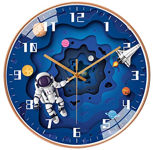 QINFIEY Horloge murale ronde à mouvement silencieux de 30,5 cm pour enfants, sans tic-tac, fonctionne avec piles, style voyage, décoration pour la maison, l'école, la chambre de garçon, le salon