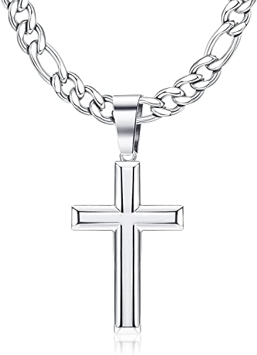 Krfy Kreuz Kette 925 Silber mit Figarokette aus Edelstahl Zarte Hochglanzpolierte Abgeschrägte Kante Kreuzanhänger Halskette Kreuzkette für Männer und Frauen 18/20/22/24/26/30 Zoll