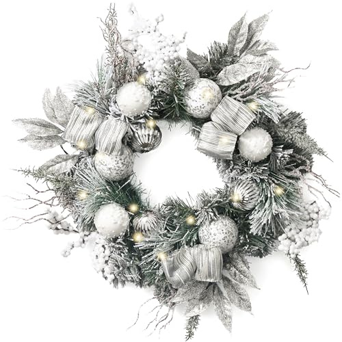Valery Madelyn 18inch/45cm Light Up Christmas Wreath for Front Door, Pre Lit Christmas Wreath White and Silver, Xmas Reef with 15 Led Lights and Ribbon for Outdoor Christmas Decoration