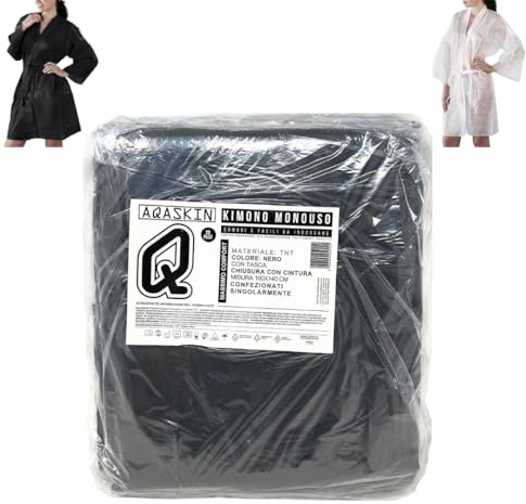 AQASKIN [20 pz Kimono Monouso Estetista in TNT 30gr/m2 - SCONTI QUANTITà - Confezionati singolarmente - Dimensioni 100x140cm - Tasca e Cinturino (Quantità 20 pz, Nero)