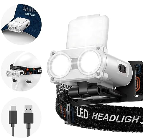 Smiling Shark LED Linterna Frontal, LED Clip On Cap 180° Mini Headlampe 5 Tipos de Luz Blanca y Roja Dimmable Recargable Impermeable Camping Correr Pesca Jogging, Linterna-Frontal-Clip-On-Cap