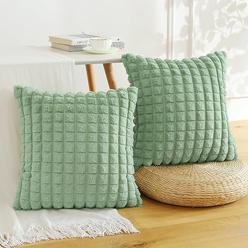Soleebee 2er Set Plüsch Samt Kissenbezüge, Weiche Künstliche Pelz Plaid Textur Kissenbezug Sofa Zierkissenbezüge Dekokissen Kissenhülle Set für Couch Schlafzimmer Zuhause Dekor (50x50cm, Hellgrün)