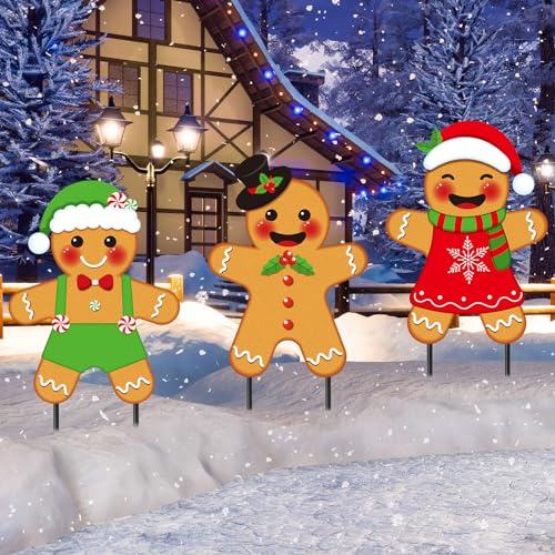 Drydiet Confezione da 3 cartelli natalizi in metallo, decorazione natalizia per cortile, esterni, con paletti, per Natale, vacanze, giardino, prato, sentiero (omino di pan di zenzero)