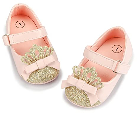 CENCIRILY Baby Girl Mary Jane Anti-Slip First Walking Dress Shoes | For 0-18 Months, Bow Decor, Synthetic Leather Upper, Soft Flexible Sole, Hook&Loop Strap, Ideal for Baptism Party