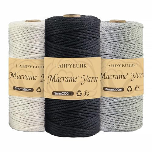 AHPYEUHK Corde à Macramé 3mm en Coton, 3 Rouleaux de 300m, Noir + Beige + Gris Clair, pour Crocheter, Bricolage, Décoration, DIY Suspension Murale, Suspension Plantes