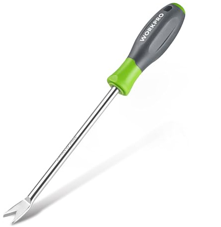 WORKPRO 11.5 Dandelion Weeder Puller Tool with Soft Handle, Polished Stainless Steel Garden Weed Remover Tool, Two-Pronged Fork Weeder Tool for Lawn Farmland Transplant Gardening Plant Tool