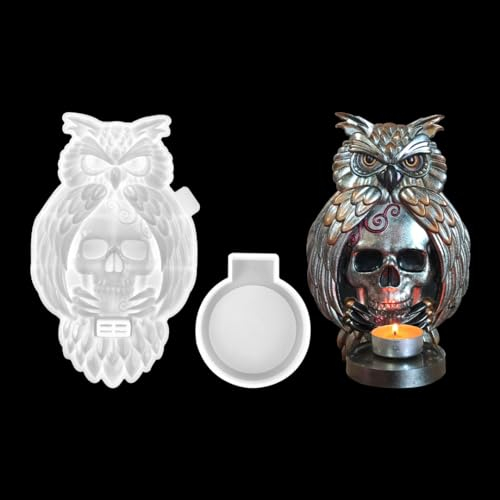 Zayookey 3D Owl Candle Holder Resin Mould Skull Tealight Holder Silicone Mould Animal Candlestick Epoxy Resin Casting Mould for DIY Wall Decor Door Decoration Halloween