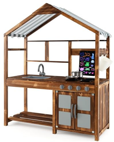 GOPLUS Cuisine Extérieure Enfant en Bois avec Toit, Tableau Noir, Poêles, 2 en 1 Évier Amovible, Accessoires de Cuisine, Jouet de Cuisine avec Rangement pour Enfants 3+ Ans, 100x42x126CM, Naturel