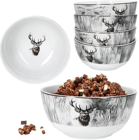 MamboCat Alois Lot de 6 bols à céréales 14,2 cm I 480 ml I Bol en porcelaine avec décor cerf pour 6 personnes I Bols pour salade, soupe, chips, etc.