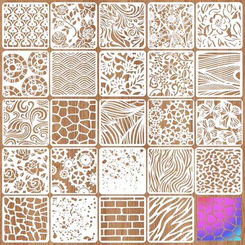 MWOOT 24 Pezzi Stencil per Pittura Riutilizzabili, Stencil Modelli di Pittura Geometrici Texture in Plastica per Mobili Muro Legno Design Scrapbooking DIY 10 x10 cm