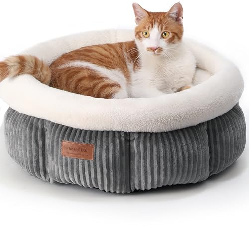 FUKUMARU Cat Bed, Corduroy Round Cat Beds for Indoor Cats, Washable Fluffy Pet Bed for Cats and Puppy, Soft Cute Small Dog Beds, Grey