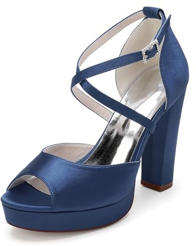 Scarpe da Sposa con Cinturino alla Caviglia Incrociato da Donna per La Sposa Peep Toe Sandali Estivi in Raso Tacco Alto Grosso Scarpe da Vestito con Plateau,Marina Militare,38 EU