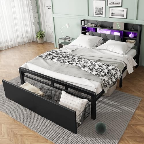 ModernLuxe 4FT6 Double Bed Frame with LED Light Strip and Charging Port: 2 Type-A and 1 Type-C, 2 Drawers with Wheels, Soft-padded Headboard with Storage, Multifunctional Metal Bed, Black, 135x190cm